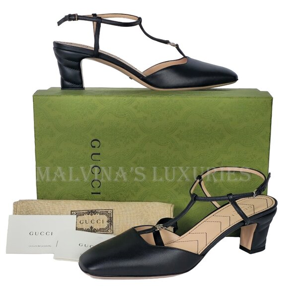 GUCCI SHOES T-STRAP BLACK LEATHER DOUBLE G LOGO SLINGBACK PUMPS sz 40.5 10.5 - Picture 2 of 15